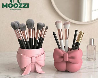 Set organizer per trucco con porta pennelli a forma di fiocco Coquette STL, stampato in 3D.