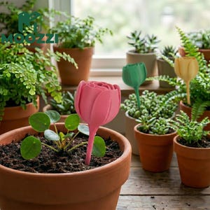 May include: A pink tulip-shaped plant waterer is inserted into a terracotta pot with a small plant. Other pots with plants and tulip-shaped waterers in green and yellow are in the background. The scene is set near a window.