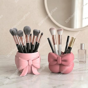 2 Coquette Bow Makeup Brush Holder STL File 3D Print Desk Organizer 3D Model Bow Brush Holder STL File Make Up Organizer 3D Printing Design