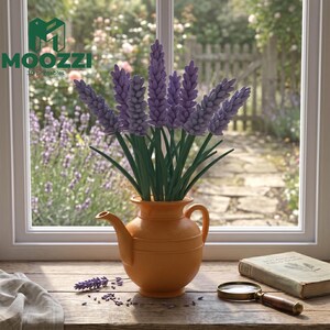 Puede incluir: Un ramo de tallos de lavanda morados con tallos verdes dispuestos en una tetera de cerámica naranja. La tetera se asienta sobre una superficie de madera junto a un libro antiguo y una lupa. La lavanda presenta flores cónicas texturizadas.