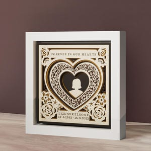 Könnte beinhalten: Ein gerahmtes, mehrschichtiges Gedenkkunstwerk aus Holz. Es zeigt ein Herzdesign mit filigranen Ausschnitten, eine Silhouette und die Inschrift "FOREVER IN OUR HEARTS". Der Name "LIZE MIKELSONE" und Daten sind ebenfalls enthalten.