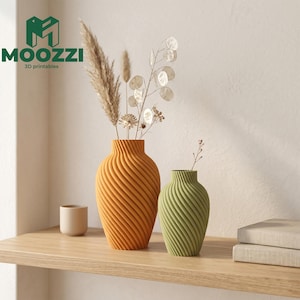 Può includere: Due vasi decorativi con un design a spirale arancione e verde, che contengono fiori secchi. Una piccola tazza beige è a sinistra. I vasi sono su una mensola di legno. Il logo MOOZZI 3D printables è in alto a sinistra.