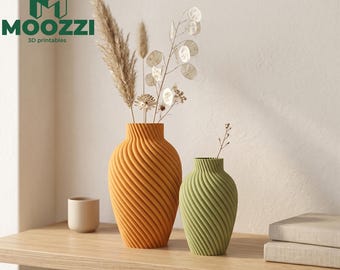 Vaso a spirale STL con supporto a coste in erba di pampa, decorazione moderna in stile boho per la casa.