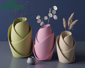 Set di 3 vasi da fiori a forma di tulipano, modello STL per stampa 3D, vaso scultoreo moderno.