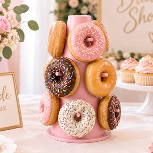 May include: A pink donut display stand holding eight assorted donuts, including glazed, chocolate frosted with sprinkles, and pink frosted with white sprinkles, arranged on a table with a Bride to Be sign and other party treats.