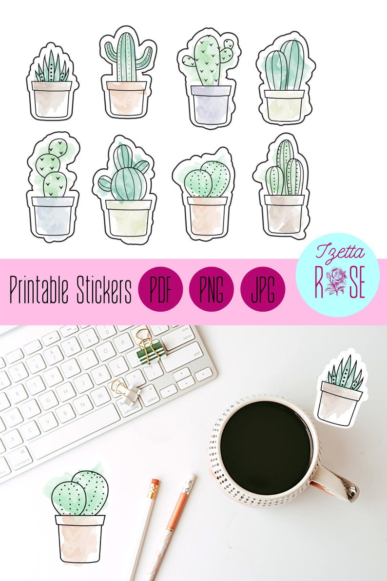 cactus watercolor printable stickers aesthetic stickers etsy