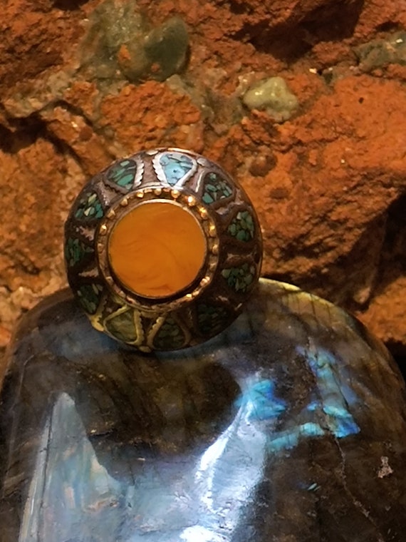 Handmade Turquoise/coral inlay Sterling ring