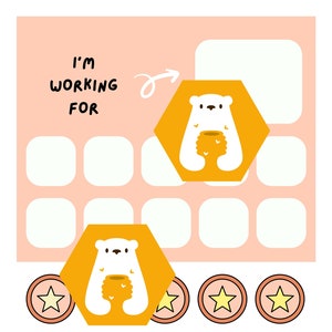 May include: A printable chart with a polar bear holding a cup of honey. The chart has the text "I'm working for" and a grid of squares. There are also 10 yellow stars with orange outlines.