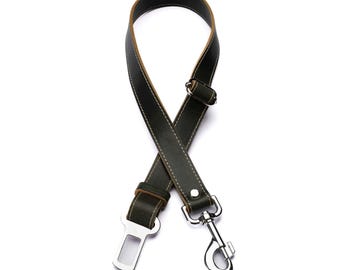 Green Leather Dog Seat Belt – Adjustable Dog Car Tether with Chrome Buckle Clip & Swivel Snap Hook – Handmade Travel Restraint