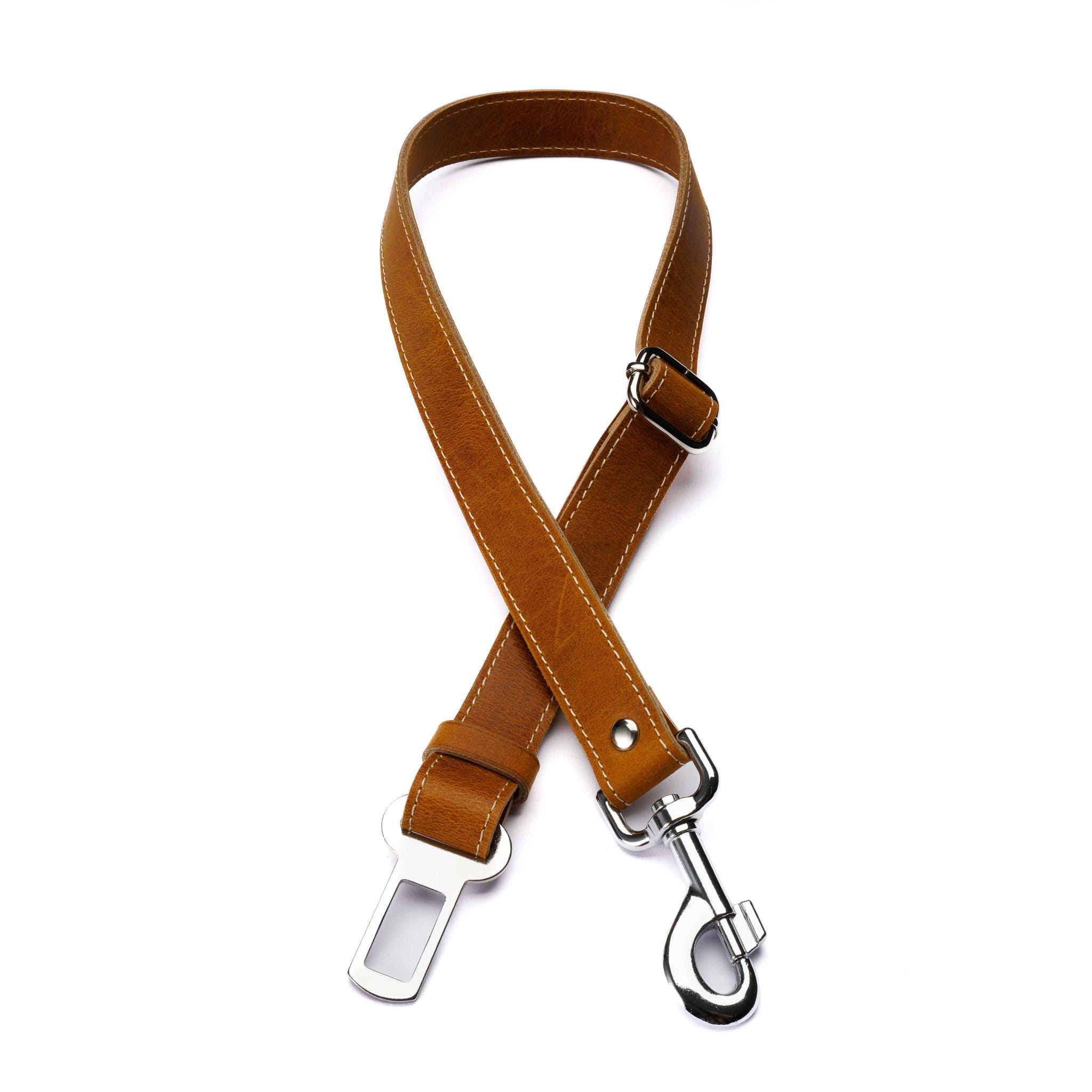 Chestnut Brown Leather Dog Seat Belt – Adjustable Car Tether with Chrome Buckle Clip & Swivel Snap Hook – Handmade Dog Travel Restraint