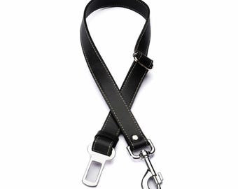 Black Leather Dog Seat Belt – Adjustable Dog Car Restraint with Chrome Buckle Clip & Swivel Snap Hook – Handmade Travel Tether
