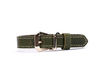Green Waxed Leather Cat Collar – Handmade Breakaway or Standard Buckle Collar for Cats & Kittens