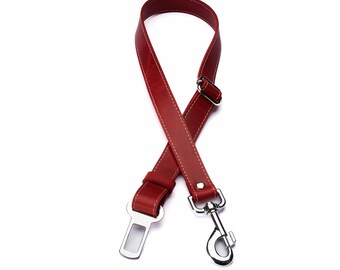 Red Leather Dog Seat Belt – Adjustable Dog Car Tether with Chrome Buckle Clip & Swivel Snap Hook – Handmade Travel Restraint