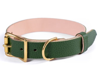 Handcrafted Green Leather Dog Collar with Personalization | Solid Brass Hardware | Comfortable Natural Lining