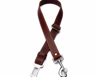 Burgundy Leather Dog Seat Belt – Adjustable Dog Car Restraint with Chrome Buckle Clip & Swivel Snap Hook – Handmade Travel Tether