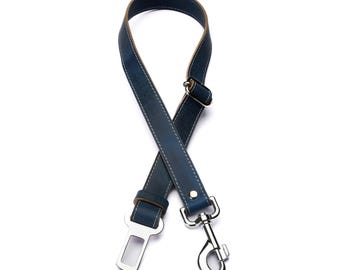 Blue Leather Dog Seat Belt – Adjustable Dog Car Restraint with Chrome Buckle Clip & Swivel Snap Hook – Handmade Travel Tether