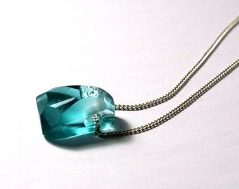 Mini Aqua Crystal Pendant Faceted Fusion Glass Necklace Aqua Blue Mela Montreal