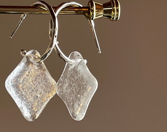 Faceted Silver Hoop Earrings – Iridescent Transparent Glass Drop Pendant