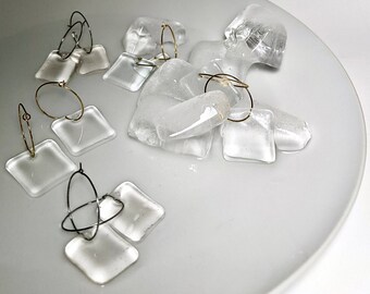 Clear Square Glass Earrings Hoops Minimal Modern Mela Montreal