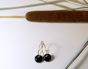 Tiny Black Round Glass Hoops Earrings Minimalist Mela Montreal