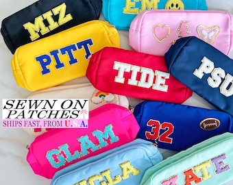 Large Personalized Cosmetic Bag, Custom Nylon Makeup Bag, Chenille Patch Toiletry Pouch, Graduation Gift, College Name Bag, Bridesmaid Gift