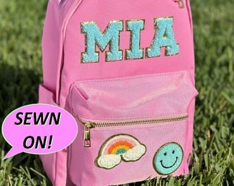Customizable Nylon Mini Backpack SEWN ON Glitter Chenille Letters and Patches Travel Bag Pack for Kids Kindergarten Back to School Bag