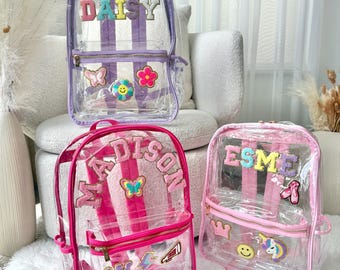 Personalized Clear School Backpack with Chenille Patches - Clear School Backpack with Patches - School Approved Clear Backpack