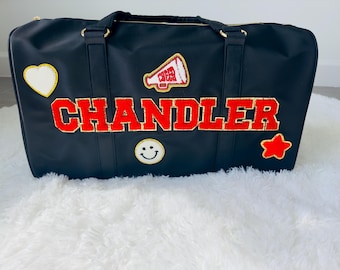 Personalized Cheerleader Bag | Personalized Dance Bag | Custom Cheer Bag | Nylon Travel Bag with Sewn Chenille Patches | Sport Duffle Bag