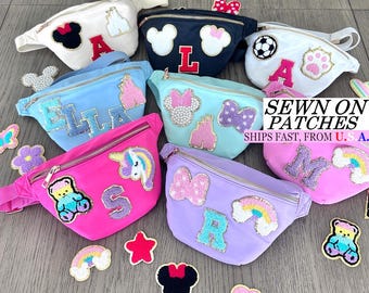 Custom Fanny Pack with Sewn Patches | Personalized Nylon Belt Bag Crossbody | Park Fanny Pack | Kids or Adult Travel Waist Pack | Kids Gift