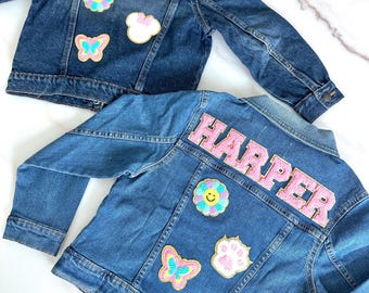 Personalized Jean Jacket, Girls Denim Jacket, Custom Girls Toddler Chenille Name Patch Denim Jacket Boys Personalized Patch Jacket Gift