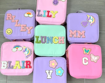 Nylon Lunchbox, Customizable Lunchbox with Glitter Varsity Letters, and Patches, Back to School Lunch Box, Insulated Lunchbox w/ Carry Strap
