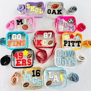 May include: Ten clear plastic bags with colorful straps. Each bag has a different team logo and name, including 'Go Fins', '49ers', 'Cowboys', 'Pitt', 'Jaguars', 'LA', 'KC', 'MIA', 'SKOL', and 'OAK'.