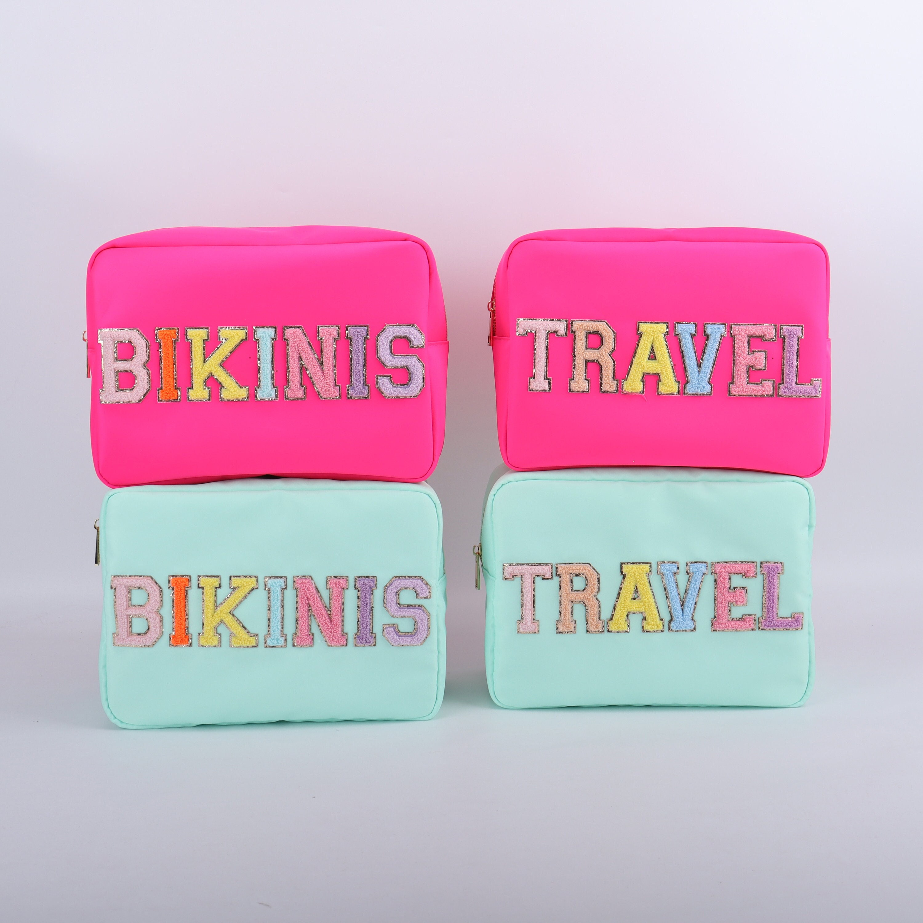 XL Nylon Pouch - Nylon Bag - XL Makeup Bag Chenille Patch - Bags with Patches - Toiletry Bags - Pouch Travel Cases - XL Preppy Bag Pouch