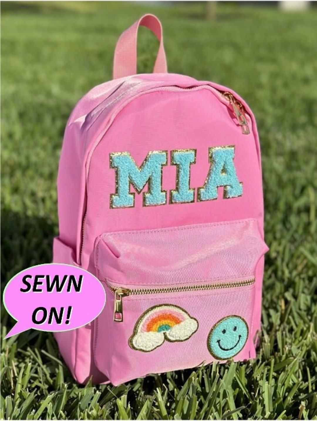 Customizable Nylon Mini Backpack SEWN ON Glitter Chenille 