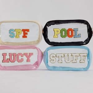 Large Clear Nylon Cosmetic Bag with Chenille Letter Patches | Personalized Clear Travel Pouch | Transparent Makeup Bag | Custom Name Gift
