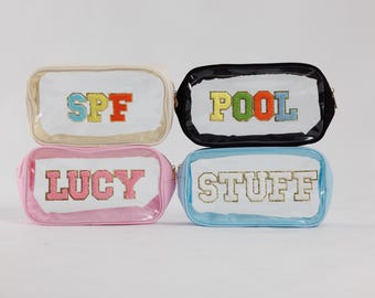 Large Clear Nylon Cosmetic Bag with Chenille Letter Patches | Personalized Clear Travel Pouch | Transparent Makeup Bag | Custom Name Gift