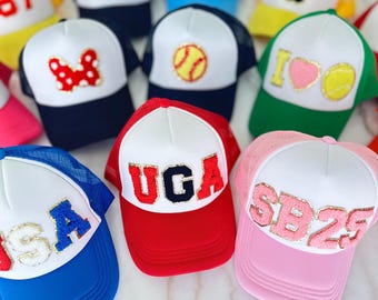 Customized Trucker Hat with Patches, Personalized Game Day Trucker Hat, Football trucker hat, Sports Trucker hat with chenille patch