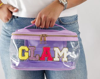Cosmetic Bag Personalized Clear Nylon Zip Cosmetic Bag | Large Clear Makeup Bag with Chenille Letter Patches | Custom Travel Toiletry Pouch