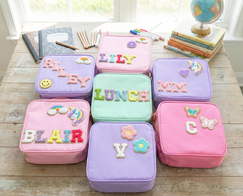 May include: A collection of colorful lunchboxes in various pastel shades, including pink, purple, and mint green. Each lunchbox is personalized with a name or the word "LUNCH" in colorful, textured letters. Decorative patches like rainbows, unicorns, and flowers adorn the boxes.