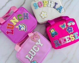 Personalized Lunch Bag Customizable Lunch Box Bag Nylon Chenille Patches Kid Lunch Bag Back to school Custom Patch Insulated Cooler Bento
