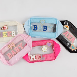 XL personlig genomskinlig påse, stor sminkpåse i nylon, personlig sminkväska, genomskinliga necessärer och resväskor med chenillebokstäver