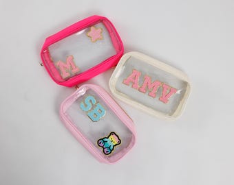 Medium Personalized Clear Nylon Cosmetic Pouch with Chenille Letter Patches | Custom Clear Toiletry Bag | Bridesmaid Gift  Travel Makeup Bag