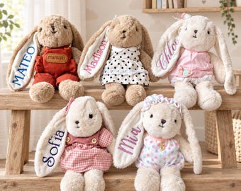 May include: Five plush stuffed rabbits with long ears, each wearing different outfits. The ears are embroidered with the names Mateo, Madison, Chloe, Sofia, and Mia. The rabbits feature soft fur, stitched facial details, and colorful clothing.
