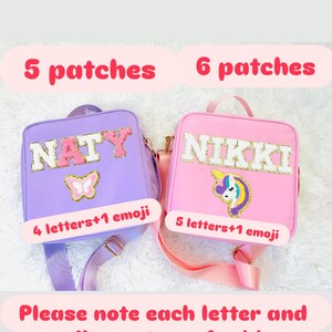May include: Two personalised backpacks, one lilac and one pink, each with a name and emoji patch. The lilac backpack says "NATY" with a butterfly, and the pink backpack says "NIKKI" with a unicorn. Text at the top says "5 patches" and "6 patches".