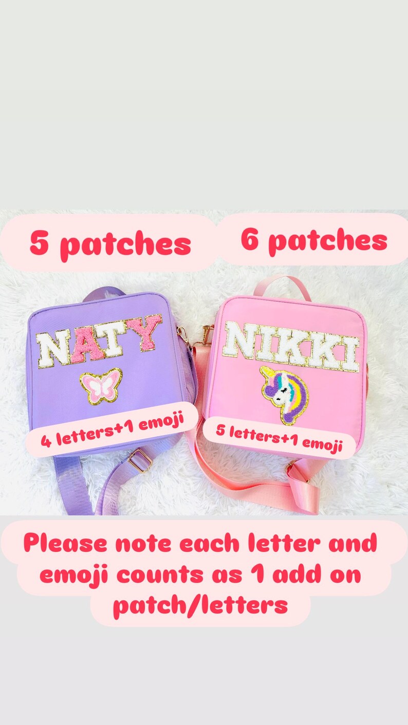 May include: Two personalised backpacks, one lilac and one pink, each with a name and emoji patch. The lilac backpack says "NATY" with a butterfly, and the pink backpack says "NIKKI" with a unicorn. Text at the top says "5 patches" and "6 patches".