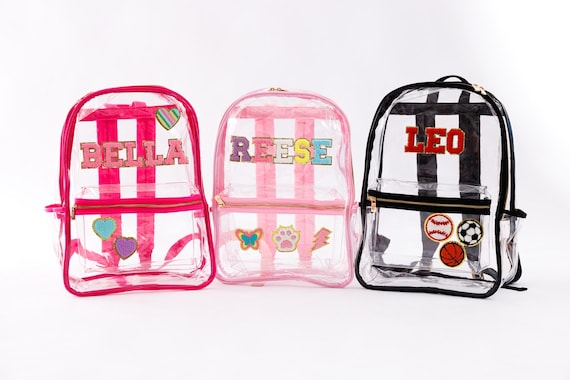 Clear Backpack, Customized Clear backpack with Patches, Clear nylon backpack, clear backpack with patches, backpack with chenille patches