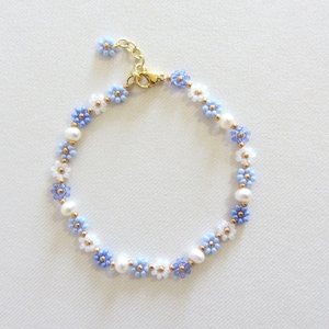 Blue flower bracelet with pearls Daisy flower bracelet for women  Freshwater pearl bracelet Gold Filled Jewelry Dainty Handmade Bracelets