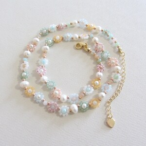 Colorful beaded necklace for women, Freshwater pearls necklace, Seed bead flower necklace, Daisy bead pastel necklace, Mothers day gift