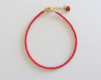 Red heart seed bead bracelet, Beaded bracelet, Handmade jewelry, Beach anklet, 14k gold jewelry