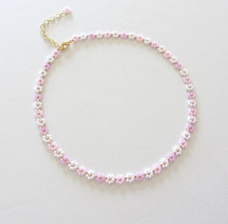 Beaded necklace with daisy flower, 24k gold necklace, White and pink choker necklace, Valentine's Day gift image 10